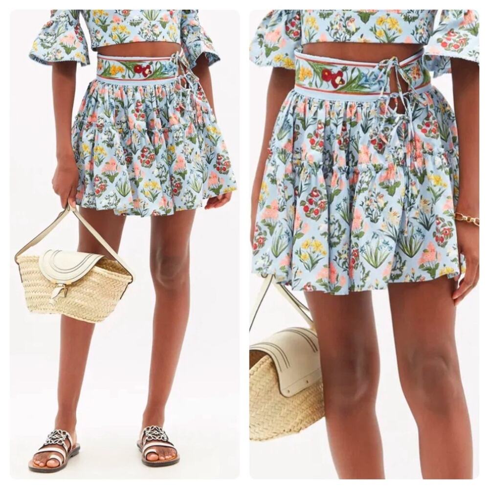 Agua by Agua Bendita Light Blue Floral Tiered Mini Skirt